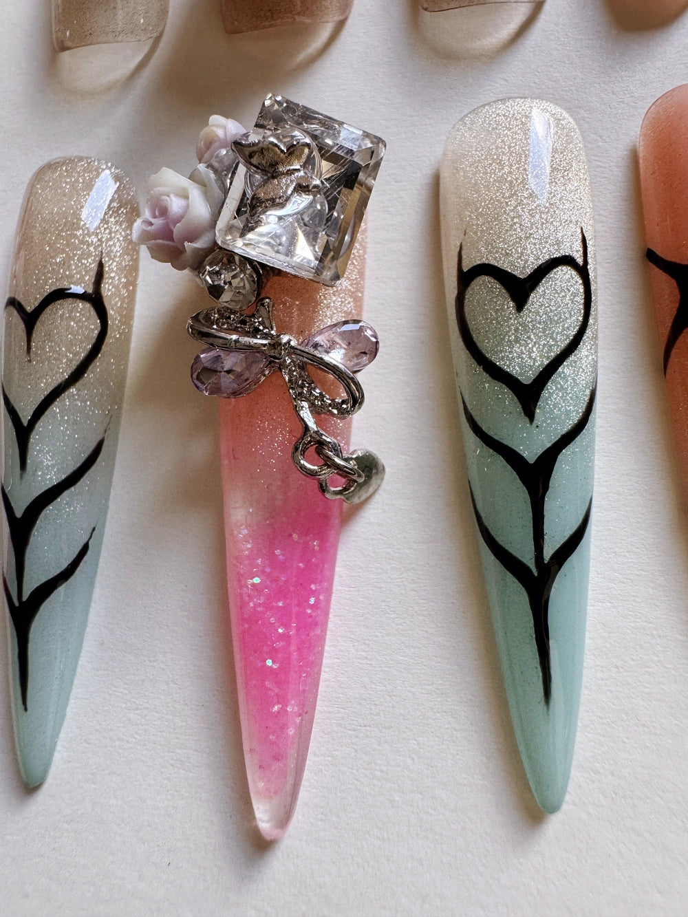 Summer Darling Hand Drawn Cat Eye Gradient Glittering Flowing Sand Nail Art