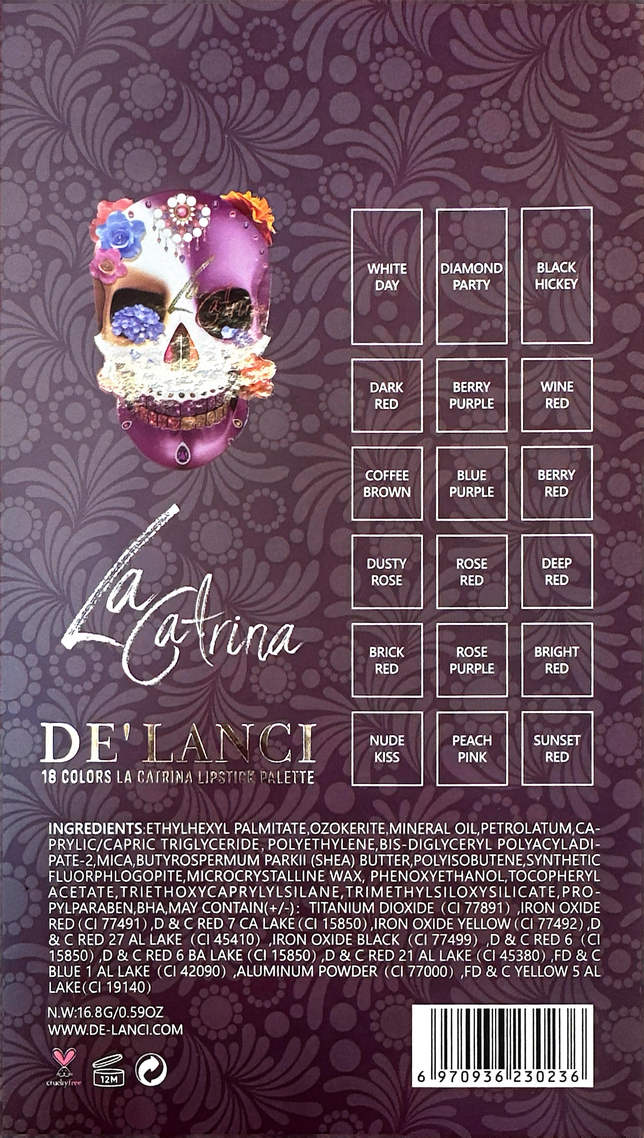 DE'LANCI 18 Colors La Catrina Lipstick Palette 16.8g